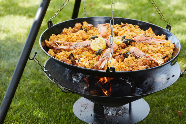 Paella with grilled prawns on the BBQ