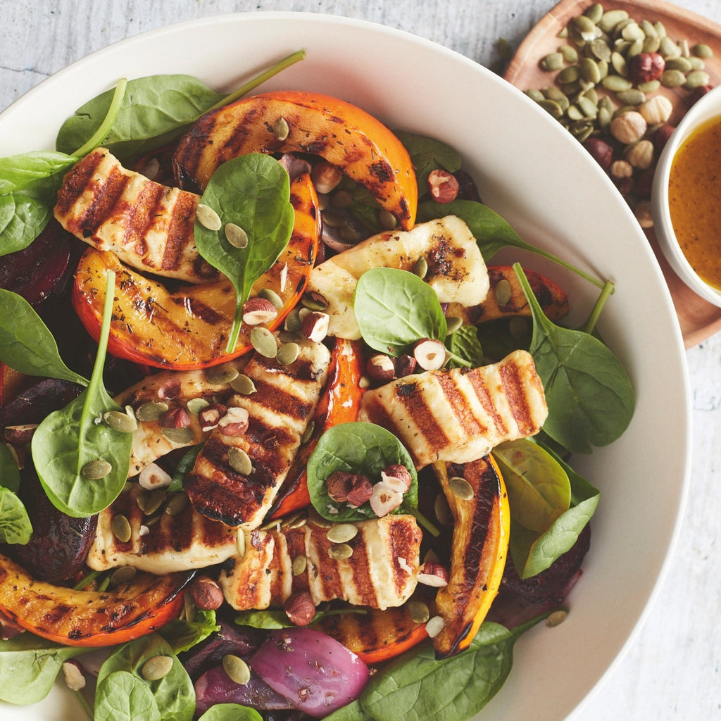 Grilled halloumi, pumpkin and beet on the BBQ